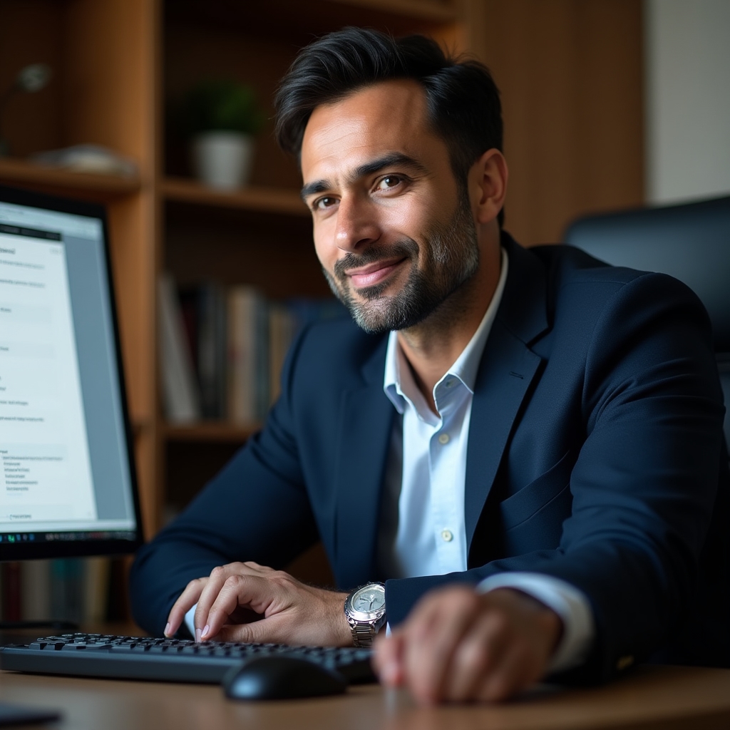Programme facilitator seated at a desk with dual monitors reviewing an SOP document
