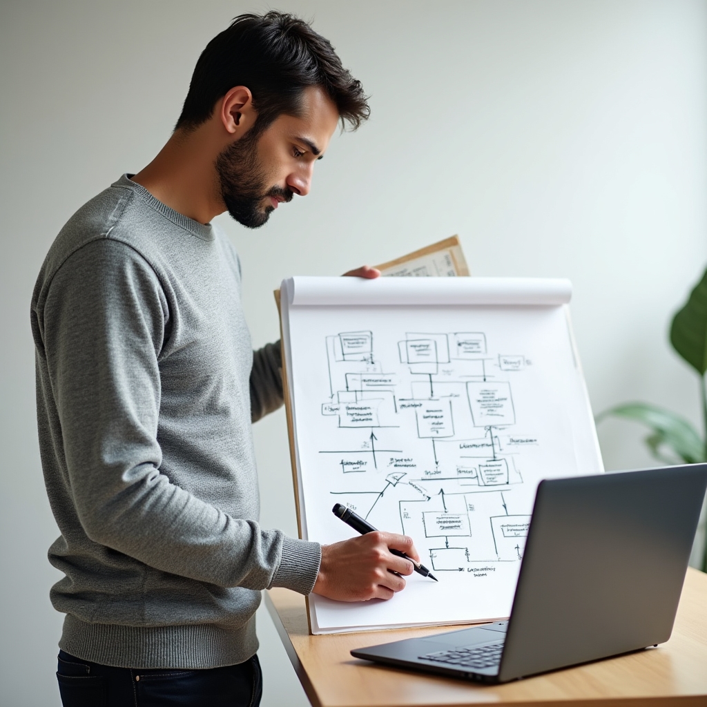 Small business owner mapping out a repetitive process on paper before choosing automation tools