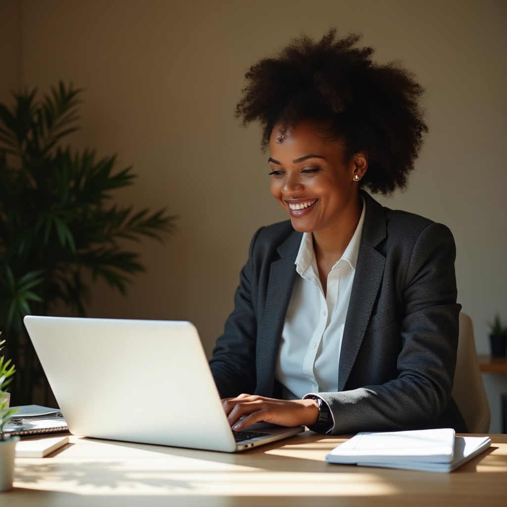 Solo business owner working at a organised desk reviewing a documented process on a laptop